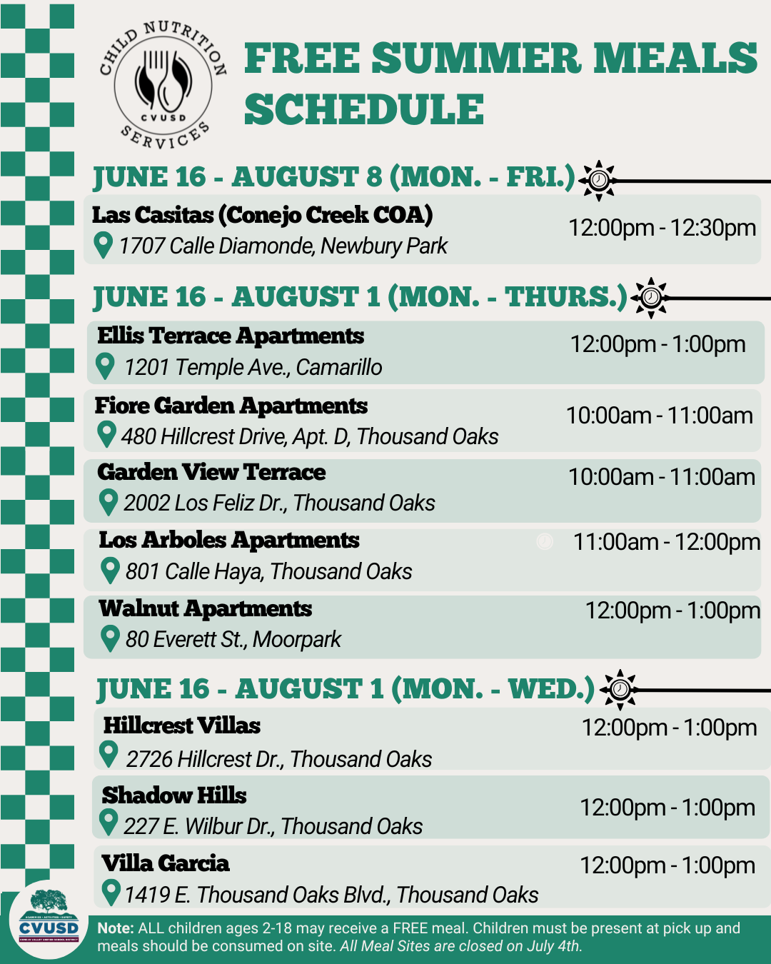 Summer Meals Schedule